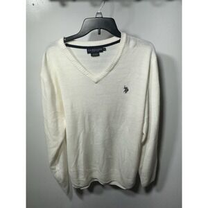 U.S. Polo Assn. Men's White Knit V-Neck Pullover Sweater Logo XL